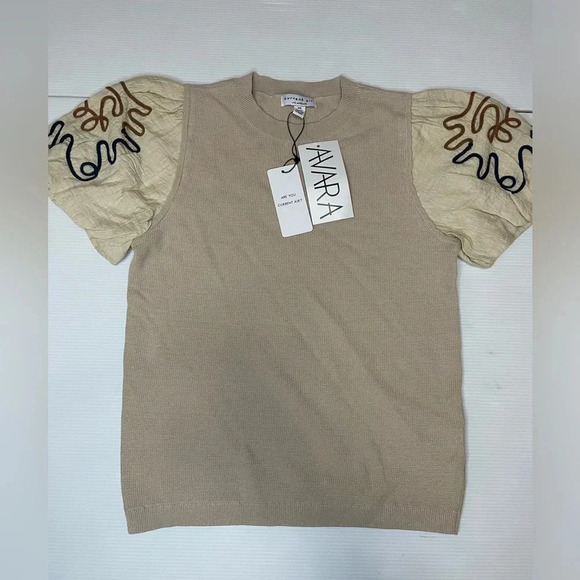 Current Air Texture Stitch Sweater Parker Top Puff Sleeve Size XS Tan - Picture 1 of 9